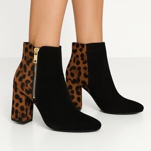 Rouge Helium Black Leopard Print Booties Size 6 Chic Gold Zip Ankle Boots